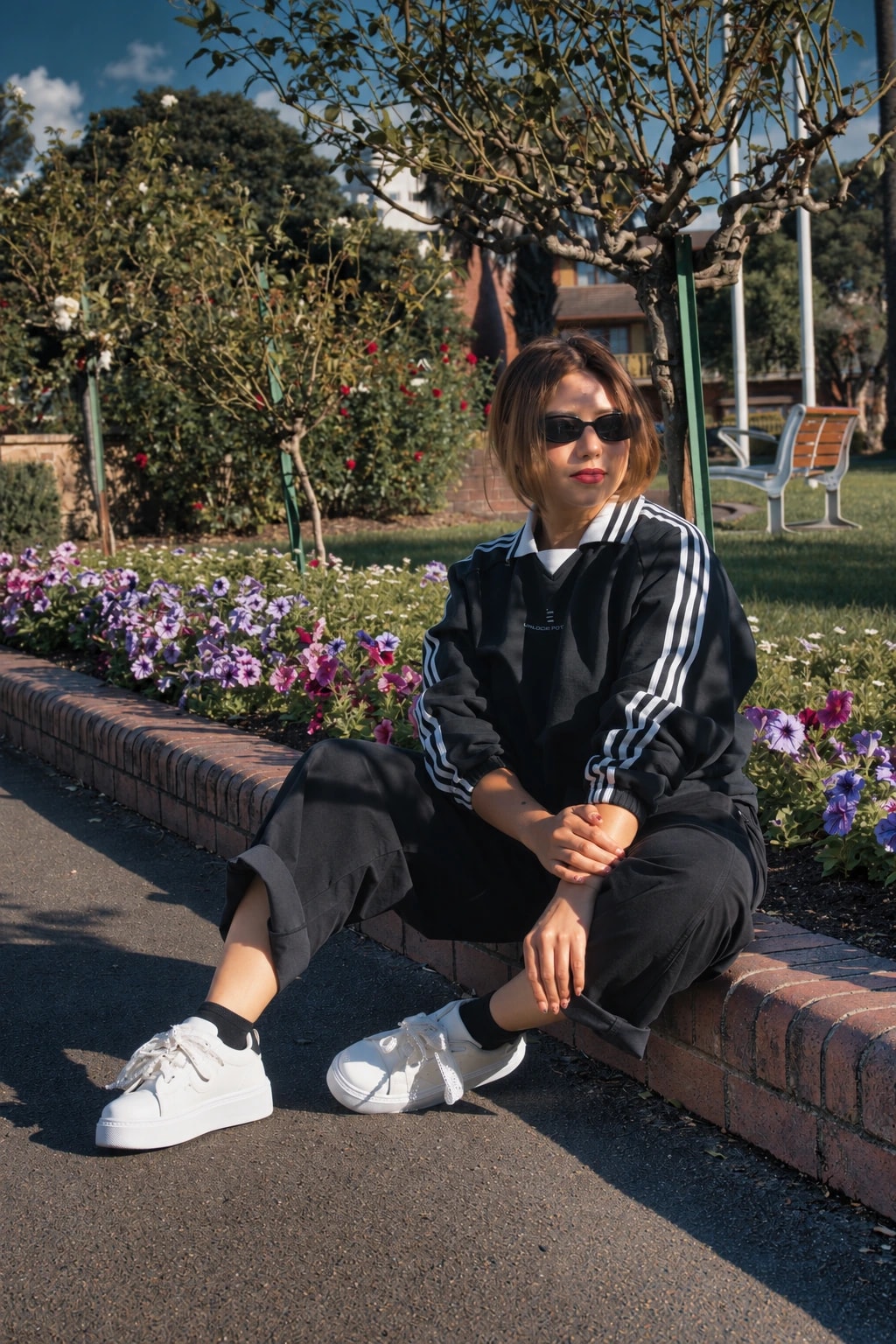 Mayte sentada junto a flores con jersey negro DIV3NITY y lentes de sol