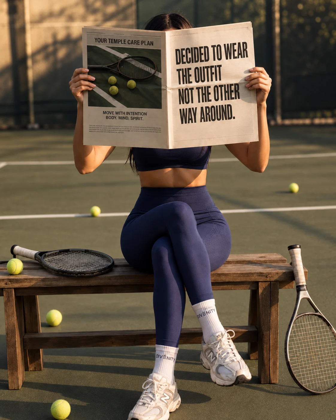 Woman in DIV3NITY activewear reading a newspaper on a tennis court